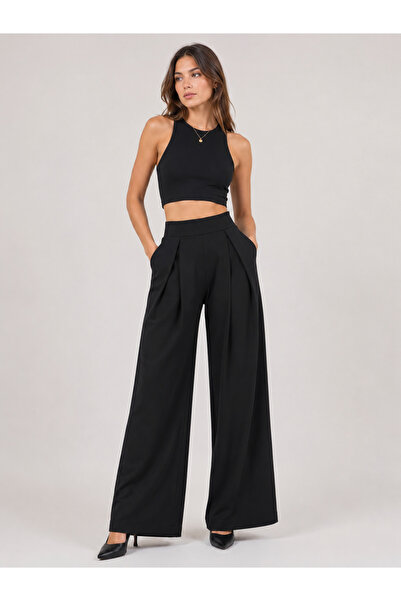 De Carte Women's Black High Waist Pleated Pocketed Closed Slit Palazzo Trousers