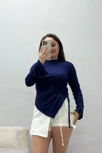 BELENDİR Women's Asymmetrical Cut Buzy Blouse with Gathered Waist Navy Blue