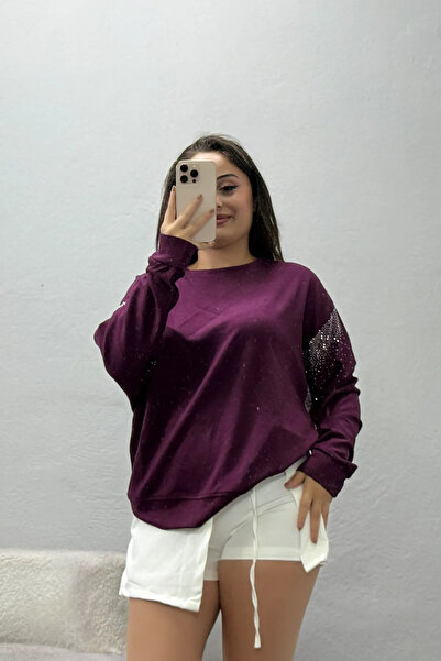 BELENDİR Kadın Kolları Taş Detay Modal Sweat Mürdüm