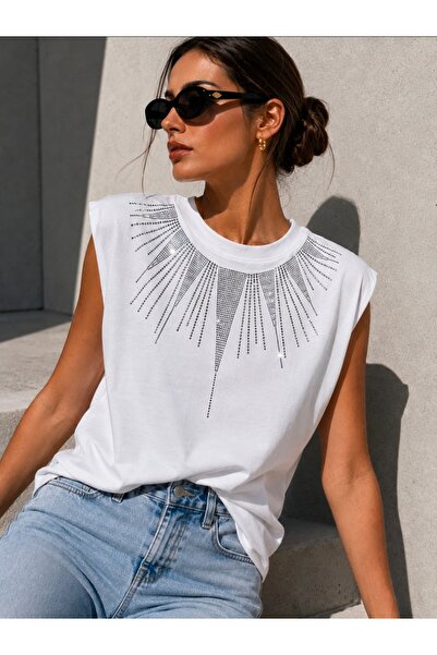 Yumey Beyaz Vatkalı Oversize Hotfix Tshirt