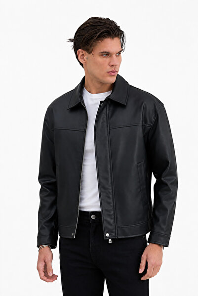Bossago Men's Classic Collar Black Leather Jacket Premium Quality