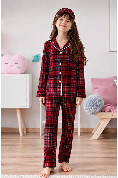 zahider Girl Cotton Plaid Pattern Long Sleeve Button Pajama Set