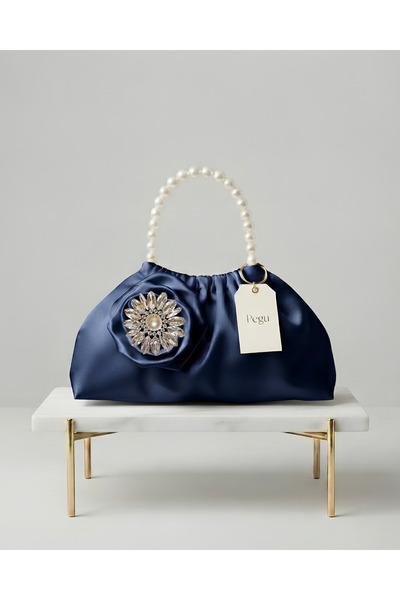 pegu baby collection ΣΕΙΡΑ ROYALE ΣΚΟΥΡΟ ΜΠΛΕ ΣΑΤΕΝ ΤΣΑΝΤΑ ΜΕ ΠΕΡΛΕΝΕΣ ΛΑΒΕΣ,...