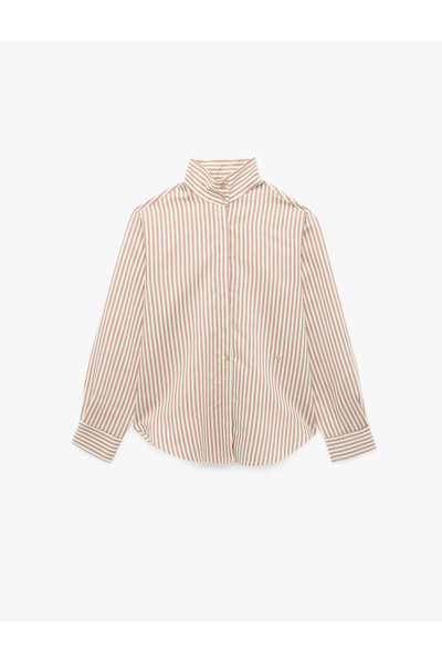 Koton Comfortable Fit Viscose Stand Collar Long Sleeve Buttoned Striped Shirt