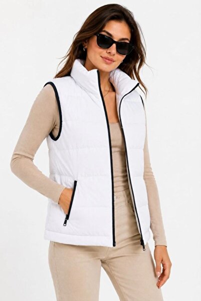 VELİZADE Women's White Stand Collar Lined Pocket Waterproof Zipper Sleeveless...