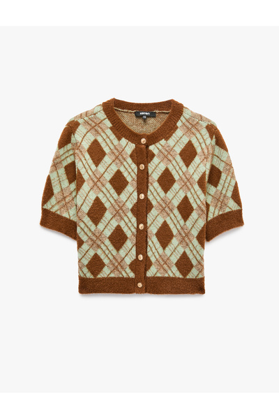 Koton Buttoned Crew Neck Short Sleeve Knitwear Argyle Patterned Cardigan