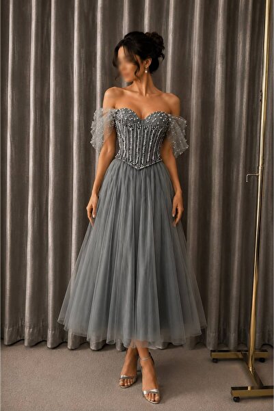 ELORA FASHION فستان سهرة رمادي ميدي بكورسيه مرصع بالخرز وأكمام تول منفوشة