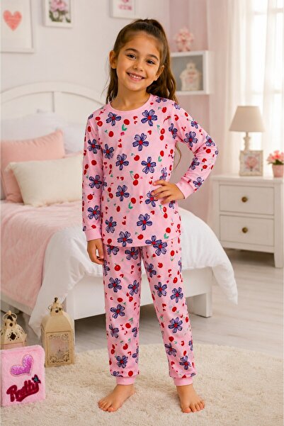 %100 Pamuk Çocuk Pijama Takımı Çiçekli 4 Mevsim