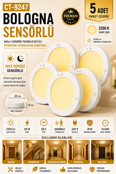Yenilig 5 Adet CT-9247 Bologna Sensörlü LED Tavan Armatürü 20W 3200K Sarı Işı...