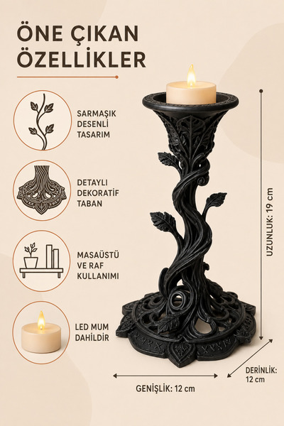 EBStudio Siyah Sarmaşık Desenli Dekoratif LED Mumluk – LED Mum Dahil Ev Ofis ...
