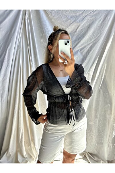 Gözde Tasarım Butik Women's New Season Black Color Long Sleeve Silvery Transp...