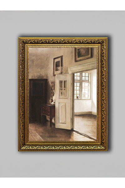 WoodyArts Vintage Oda Altın Eskitme Çerçeveli Dekoratif Salon Duvar Tablosu E...