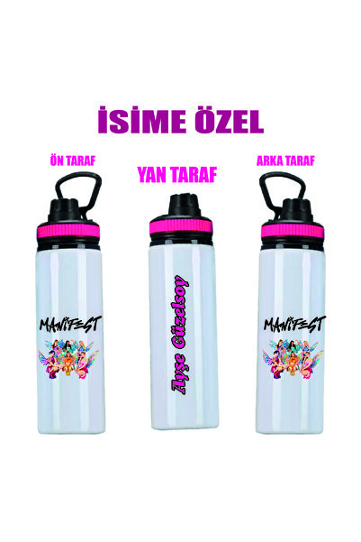DKDZ SHOP Manifest Çizim Baskılı İsime Özel Metal Suluk 800ml - Pembe