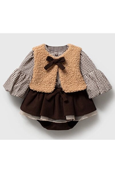 LİLİYUM Baby Girl Brown Plaid Dress Set with Plush Vest and Bow, Stylish Wint...