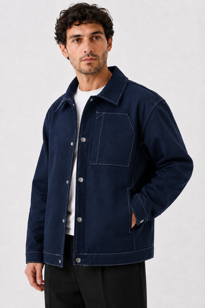 Maison Rae Erkek Lacivert Premium, Gabardin, Kontrast Dikişli Çıtçıtlı Oversi...