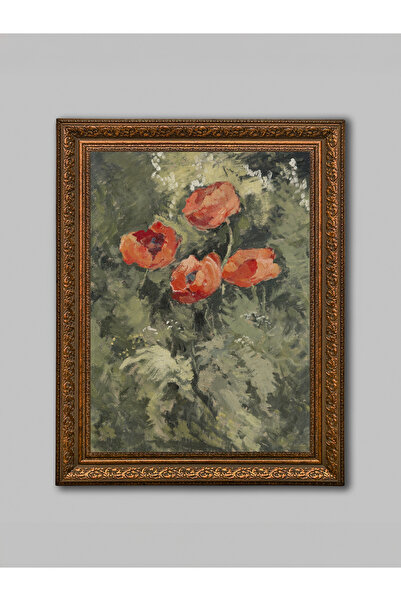 WoodyArts Flori roșii maro înrămate în stil vintage, pictură decorativă de pe...