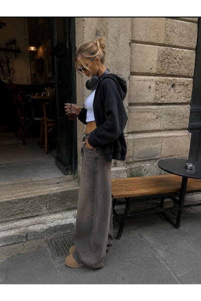 eyonnwear Pantaloni de damă, maro, spălați, tip baggy, cu talie înaltă, croială lejeră, blugi largi