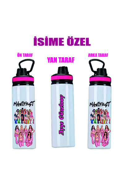 DKDZ SHOP Manifest Çizim Baskılı İsime Özel Metal Suluk 800ml - Pembe
