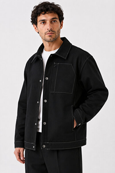 Maison Rae Erkek Siyah Premium, Gabardin, Kontrast Dikişli Çıtçıtlı Oversize ...