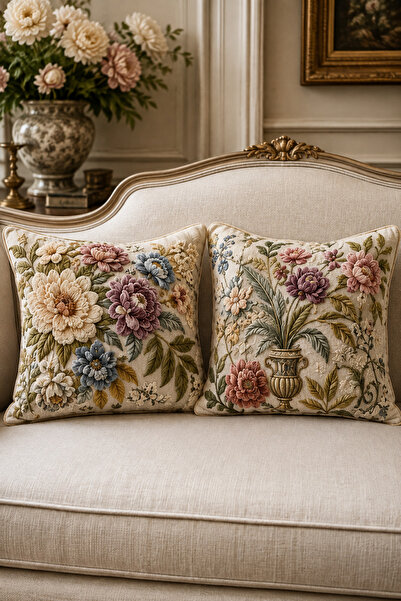 ayshome textile 3D DİJİTAL BASKI Krem Çiçek Desen 2'Li Kırlent Kılıfı Seti (çift taraf baskılı 43 x43 )