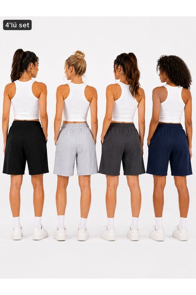 NAKRUF Women's 4-Piece Shorts Set Black Gray Smoked Navy Blue Elastic Waist Lace-Up Pockets Comfortable Cut Summer Shorts