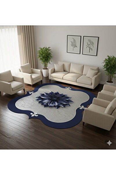 LovisaHome Mavi Minimal Çizgili Yıkanabilir Dijital Baskı Halı