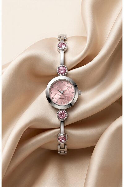 KLISHE Women's Steel Watch Cuff Band Vintage Silver Color Pink Dial Stoned Wo...