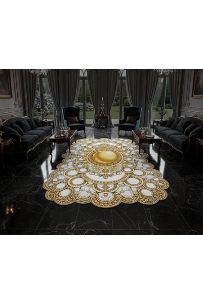 SİRA HOME Zarif Siyah Beyaz Gold Çiçek Göbekli Klasik Yıkanabilir Dijital Bas...