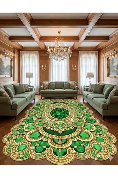 LovisaHome Yeşil Vintage Desenli Yıkanabilir Dijital Baskı Halı