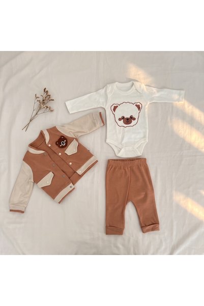 Minelora Teddy Bear Embroidered Vest 3-Piece Baby Set
