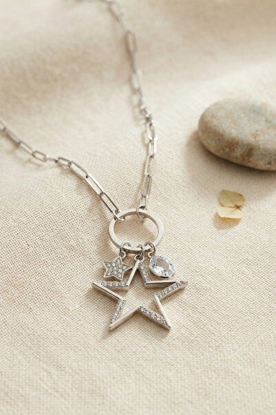 shopwave Silver Color Paperclip Chain Star Model Zircon Stone Women's Necklace