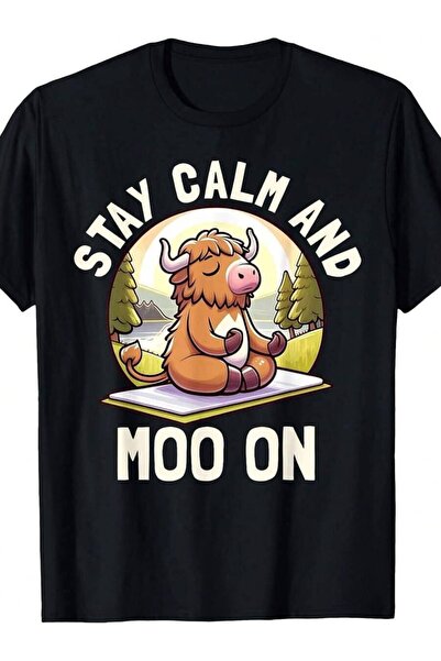 21JNRY Funny Highland Cow Stay Calm Moo On Farm Animal Graphic T-Shirt