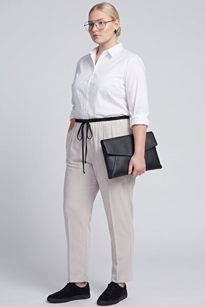 Kayra Contrast Waist Detailed Modal Trousers Light Gray