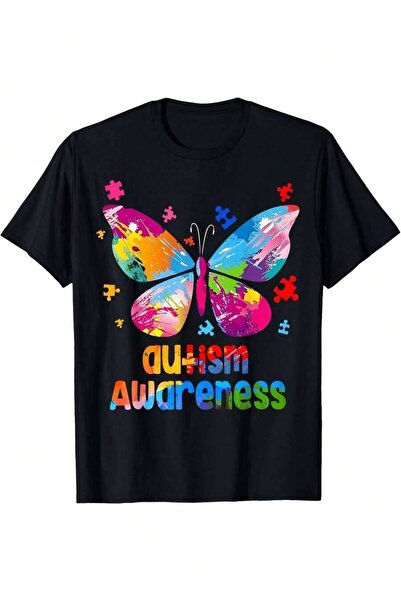 21JNRY T-Shirt Butterfly Graphic With Autism Awareness Text, Black, Colorful ...