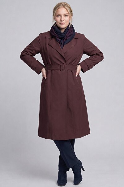 Kayra Belted Double-Breasted Trench Coat Dark Burgundy
