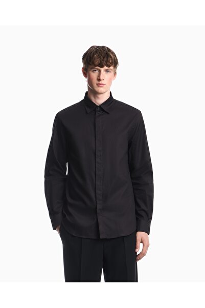 Emporio Armani Men's Button Closure Long Sleeve Notched Collar Black1 Shirt