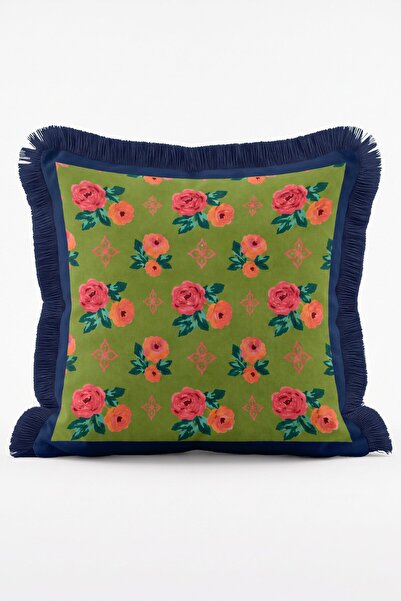 IdeCraft Green Fringed Cushion Cover with Sprinkled Pink Flowers and Rose Motifs