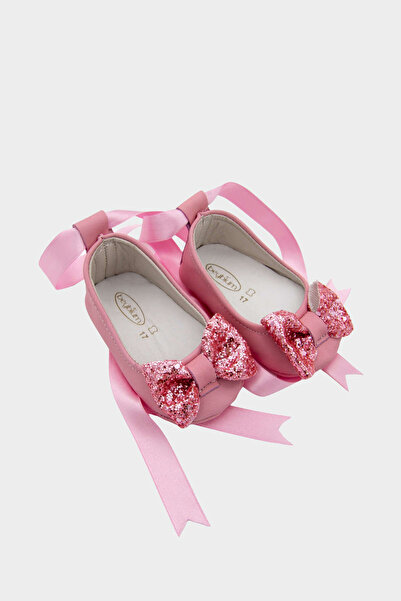 Beybium Stoned Genuine Leather Baby Girl Ballerina Flats Pink