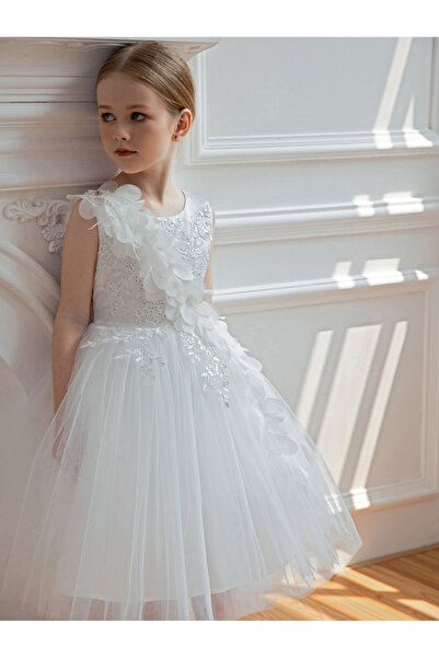 Take Two By Styli Girls White Floral Embroidered A-Line Midi Dress