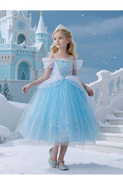Take Two By Styli Girls Light Blue Sequin Embellished A-Line Midi Princess Dress