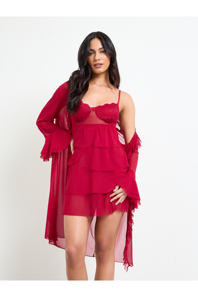 Take Two By Styli Burgundy Layered Slip and Robe Set