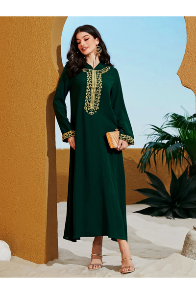 Take Two By Styli Dark Green Embroidered Jalabiya with Hood