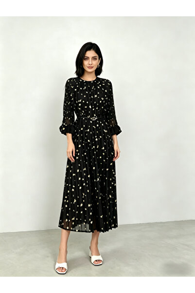 Take Two By Styli فستان ميدي أسود مزين بالترتر وطيات على شكل حرف A