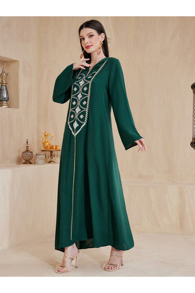 Take Two By Styli Dark Green Embroidered Jalabiya with Hood