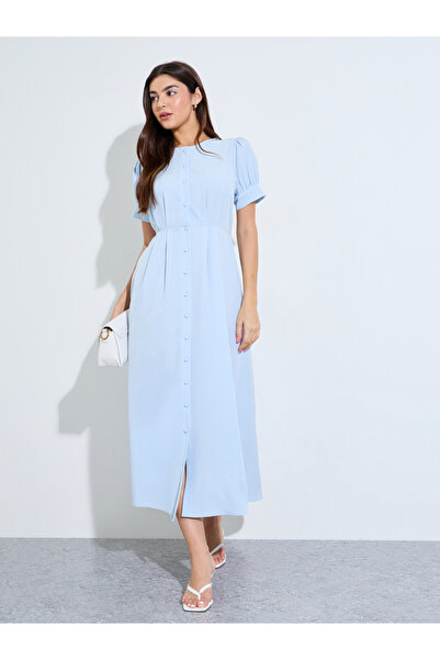 Styli Blue Solid Short Sleeves Collarless Shirt Maxi Dress