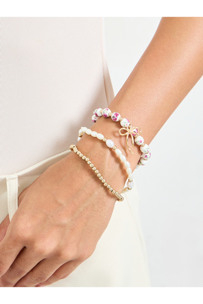 Styli Pack of 3 - Gold Tone and Pearl Beaded Bracelets with Bow Charm