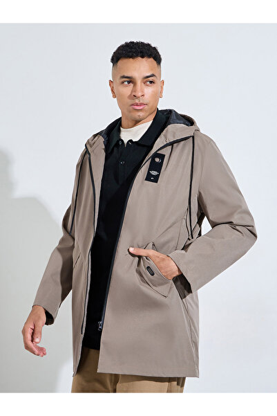 Styli Khaki Hooded Regular Fit Utility Trench Coat with Zip Closure