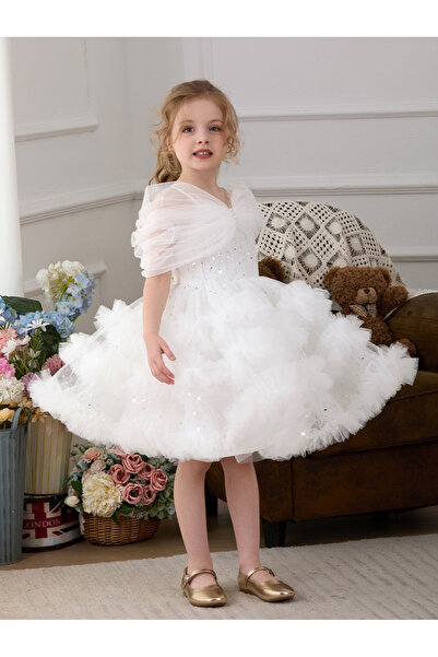 Take Two By Styli Girls White Sequin Embellished Tulle Details A-Line Midi Dress