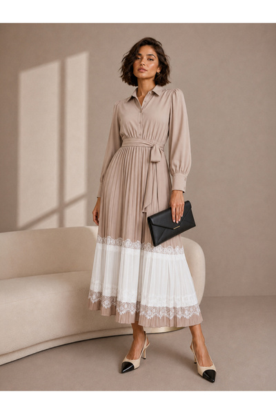 Styli Beige Pleated Lace Details Fit and Flare Shirt Midi Dress