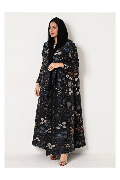 Take Two By Styli Black Floral Print Textured Open Front Abaya